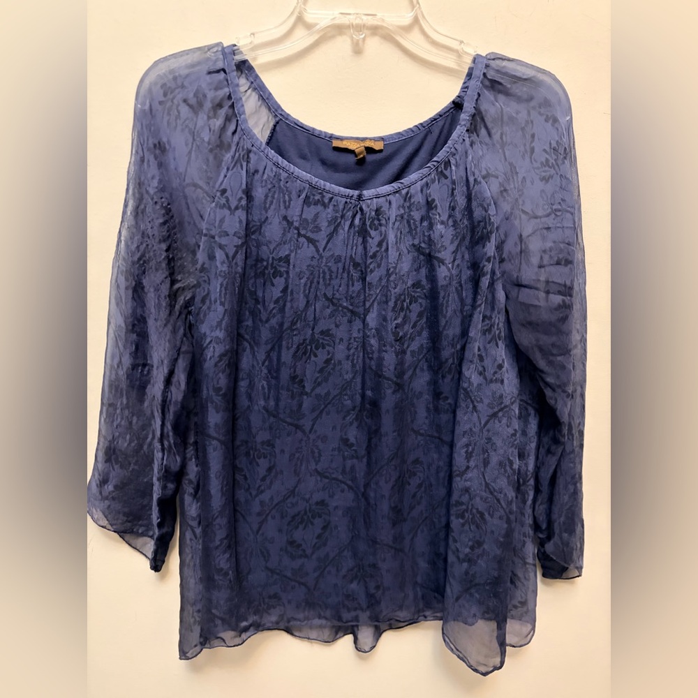 100% Silk Floral Sheer Layered Blouse Italian Boho 3/4 Sleeve - Picture 2 of 8